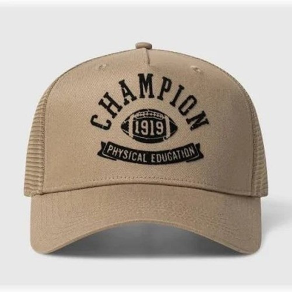 Champion Physical Education Trucker Hat Khaki Tan Mesh Back Snapback Cap Mens